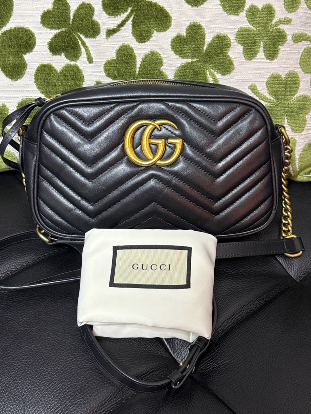 Gucci Black Chevron Leather GG Marmont Camera Bag with Gold Hardware